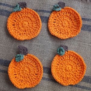 Pumpkin Coasters 4pc set handmade by seller crochet 100% cotton, hot or cold